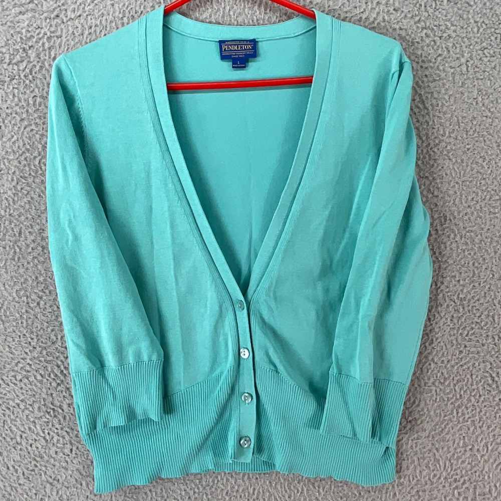 Pendleton Cardigan Women L Turquoise Blue Silk Blend Preppy Classic 3/4 Sleeve